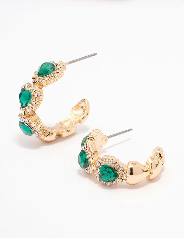 Stylish women’s earrings-Gold Emerald Heart Hoop Earrings