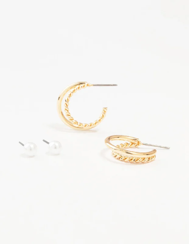 Elegant sapphire earrings for women-Gold Pearl Studs & Twisted Hoop Earrings 2-Pack