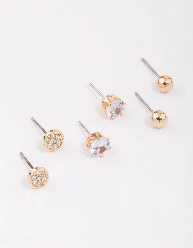 Women’s opal earrings-Gold Glitter Diamante Stud Earring 3-Pack