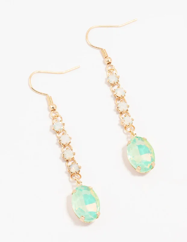 Women’s gemstone stud earrings-Gold & Green Cup Chain Diamante Oval Drop Earrings