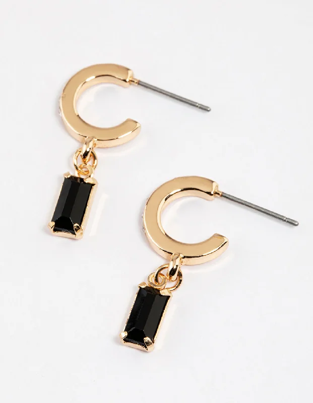 Women’s luxury hoop earrings-Black Diamante Baguette Huggie Earrings