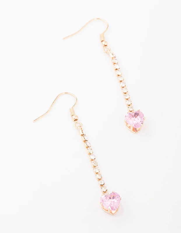 Women’s birthstone earrings-Pink Diamante Heart Cup Chain Drop Earrings