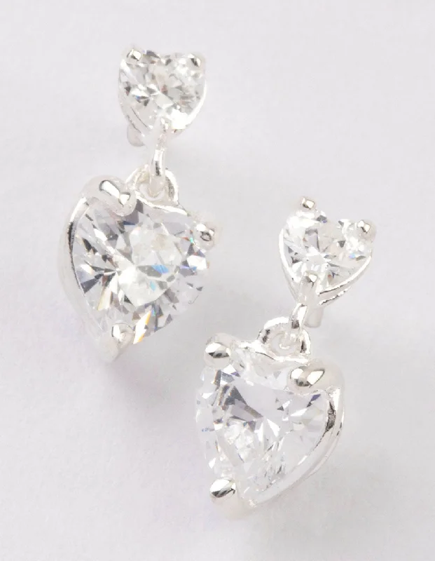 Women’s minimalistic earrings-Sterling Silver Cubic Zirconia Heart Stud & Drop Earrings