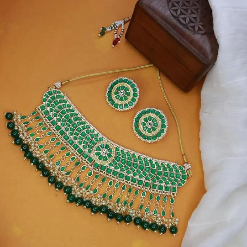 Vintage-style necklaces for women-Etnico Gold Plated Traditional Kundan & Pearl Studded Choker Necklace Set For Women/Girls (K7210) (Full Green)