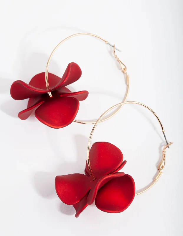 Elegant pearl earrings for women-Gold Red Pearlised Flower Hoop Earrings