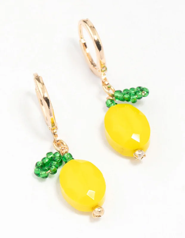 Women’s geometric earrings-Gold Lemon Charm Huggie Hoop Earrings