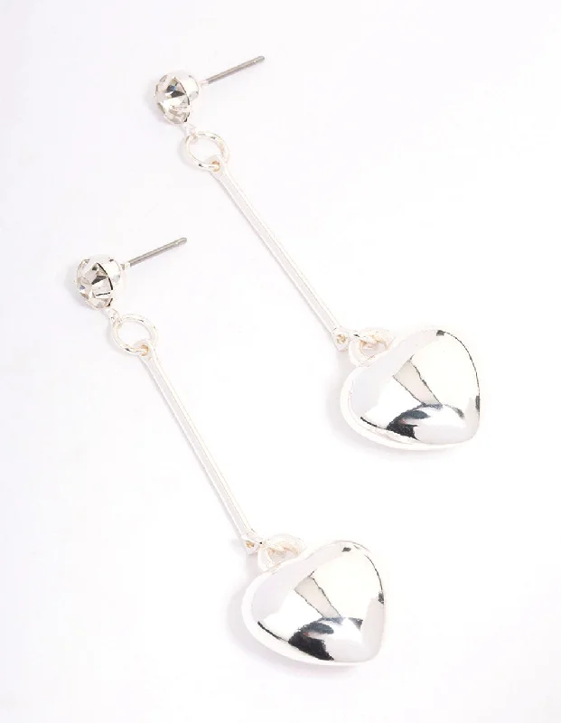 Women’s vintage hoop earrings-Silver Diamante Chubby Heart Drop Earrings