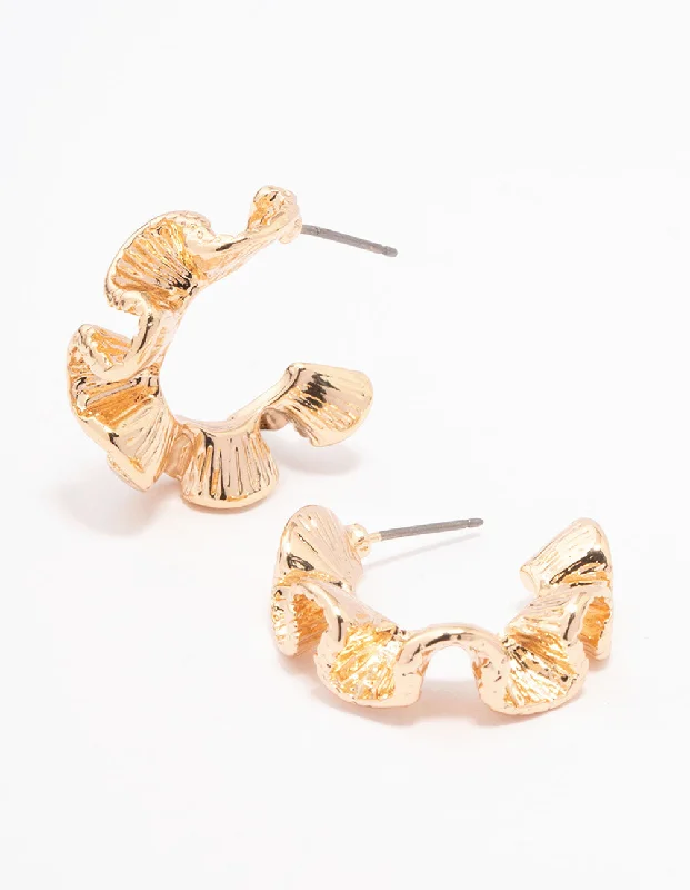 Women’s colored gemstone earrings-Gold Hammered Wave Hoop Earrings