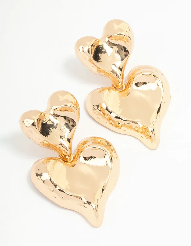 Stylish women’s earrings-Gold Double Heart Drop Earrings