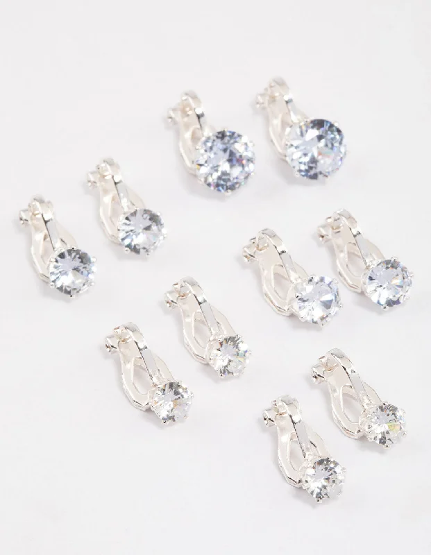 Designer earrings for women-Silver Graduating Diamante Clip On Earrings 5-Pack