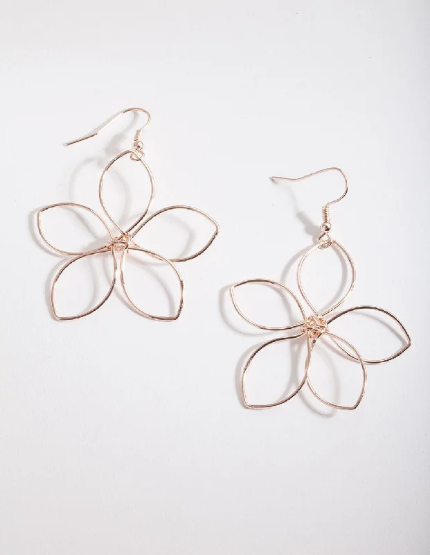 Women’s gold drop earrings-Rose Gold Wire Open Flower Drop Earrings