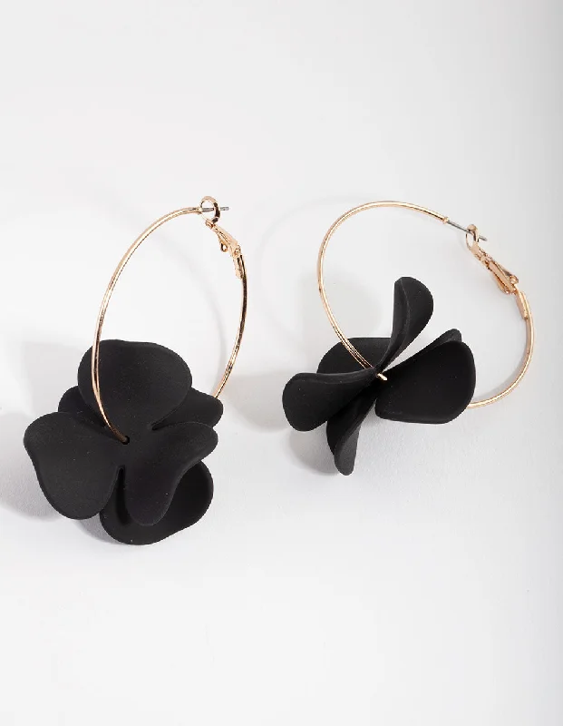 Elegant pearl earrings for women-Gold Black Pearlised Flower Hoop Earrings