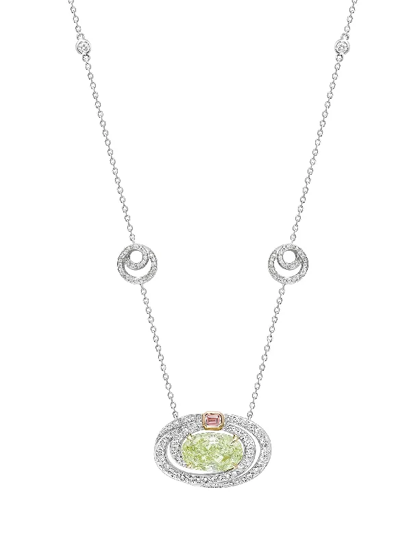 Elegant diamond necklaces for women-Swirl Design Platinum Oval Yellow Diamond Pendant