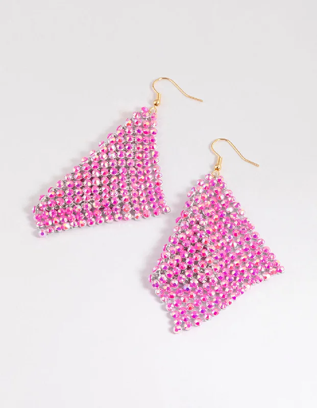 Women’s sterling silver earrings-Pink Diamante Chainmail Drop Earrings