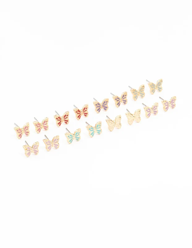 Vintage-inspired earrings for women-Pastel Gold Butterfly Earrings 8-Pack