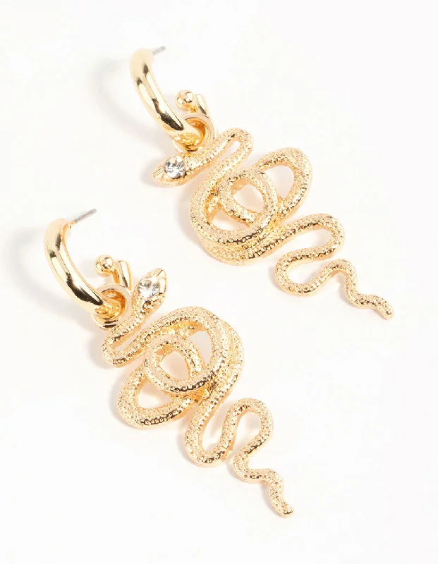 Women’s flower-shaped earrings-Gold Curved Snake Hoop Earrings