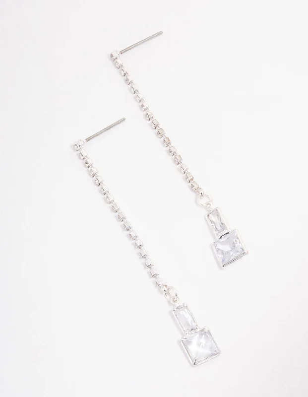 Women’s diamond drop earrings-Silver Cup Chain Diamante Stone Drop Earrings