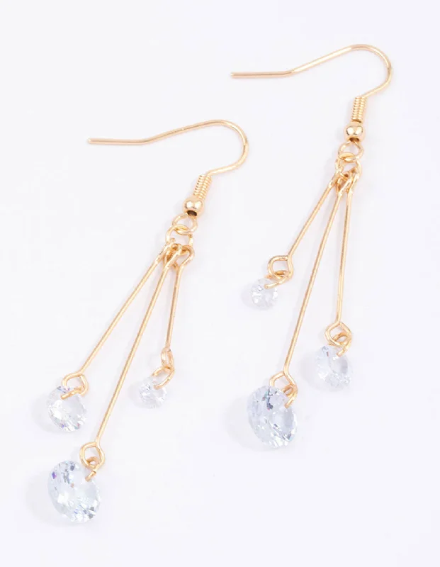 Women’s luxury hoop earrings-Gold Triple Stack Diamante Drop Earrings