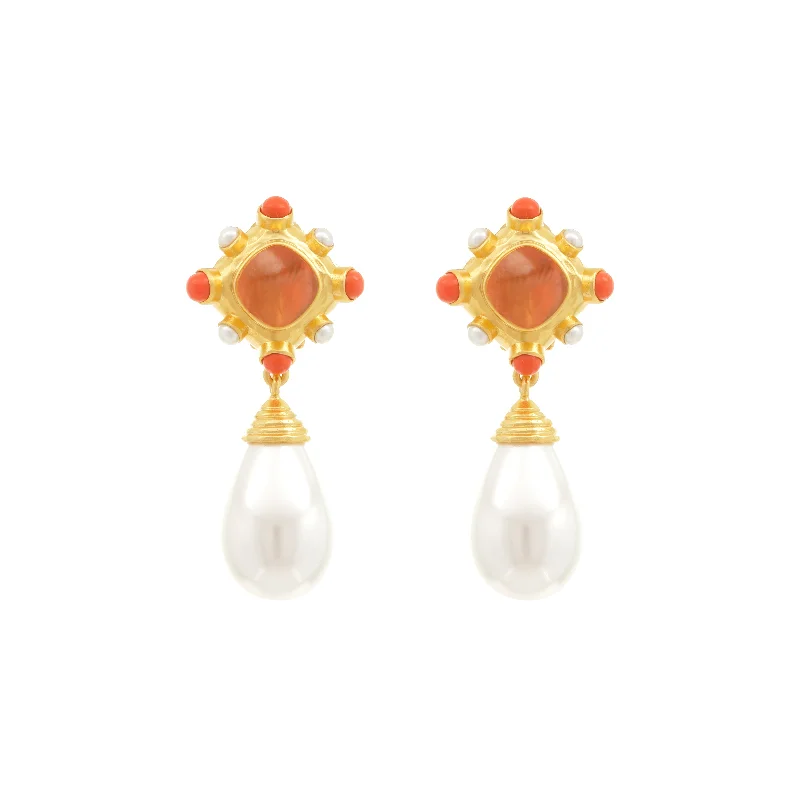 Women’s sterling silver earrings-Julia Earrings Citrine Quartz, Coral & Pearls