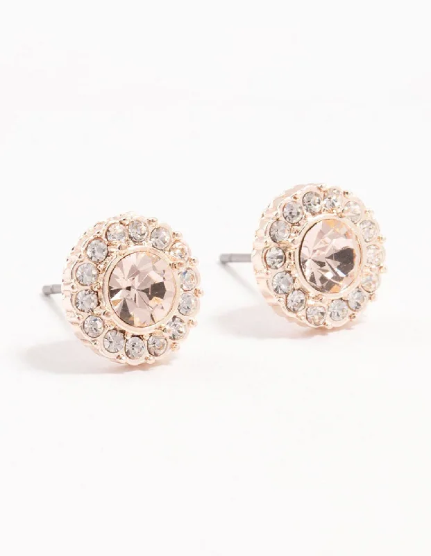 Fashionable earrings for women-Halo Pink Bohemia Czech Crystal Rose Gold Stud Earrings