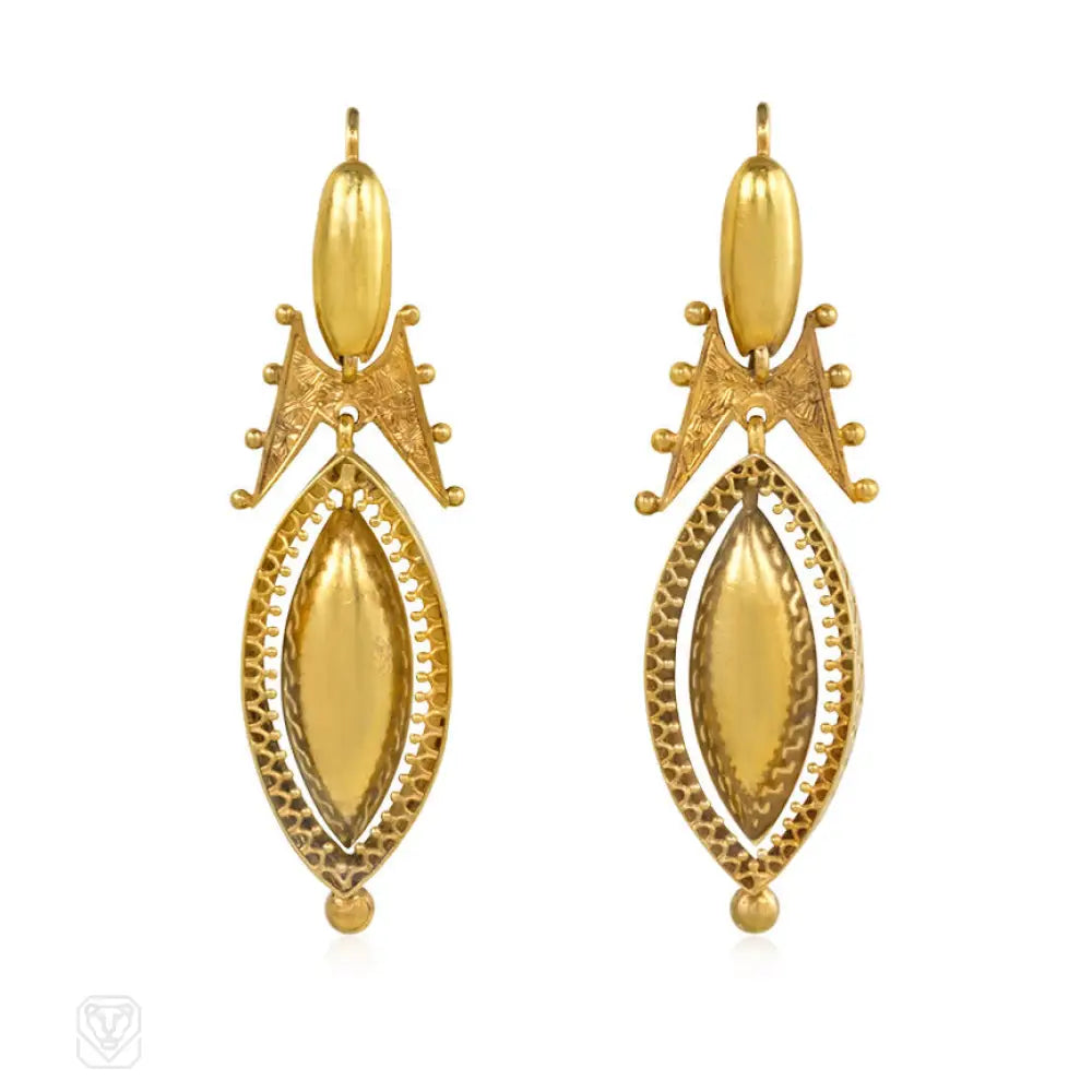 Stylish women’s earrings-Antique gold Etruscan revival earrings with navette-shaped pendants