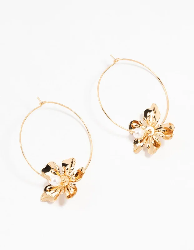 Women’s eco-conscious earrings-Gold & Pearl Spike Flower Hoop Earrings