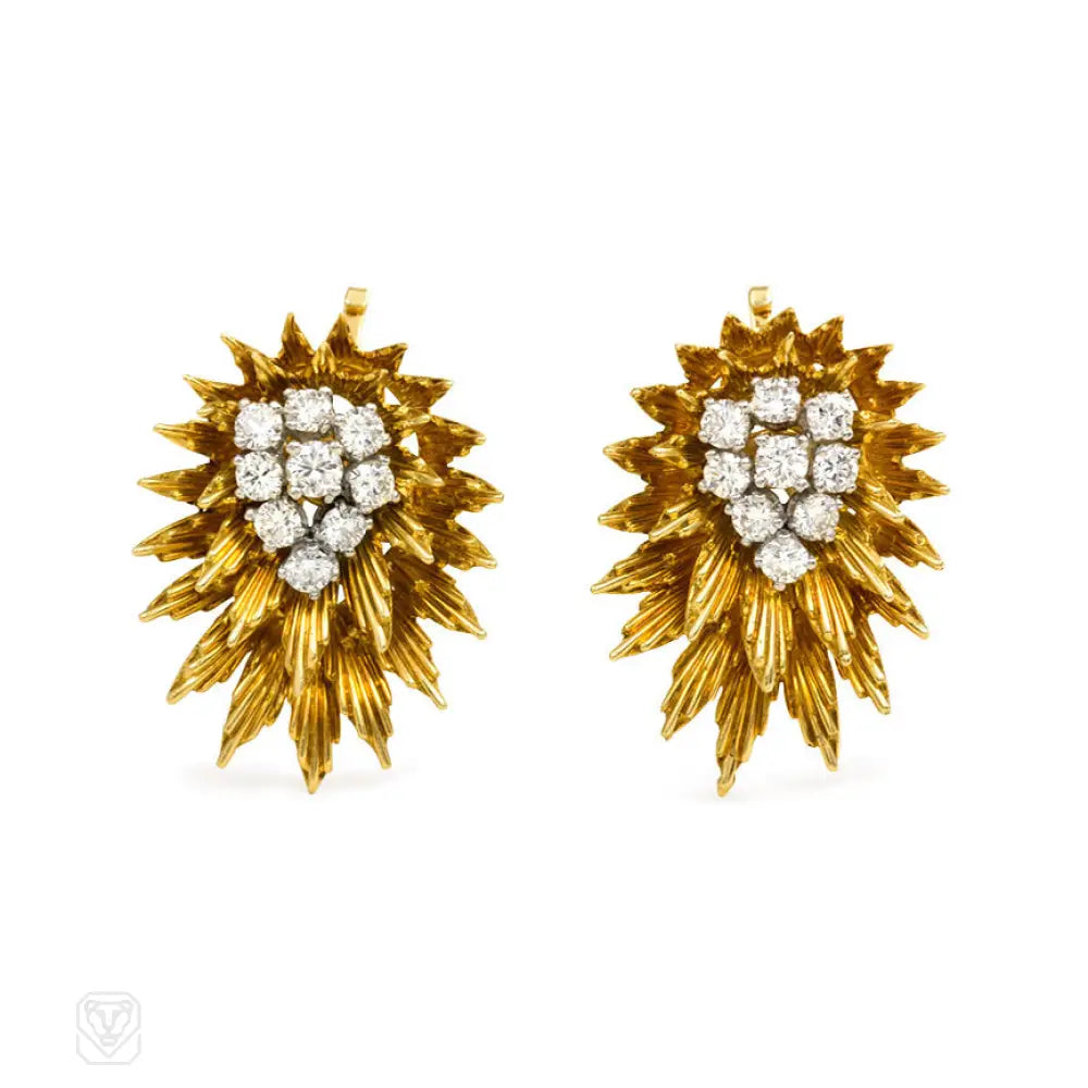 Women’s crystal stud earrings-Gold and diamond radial design earrings, Cartier