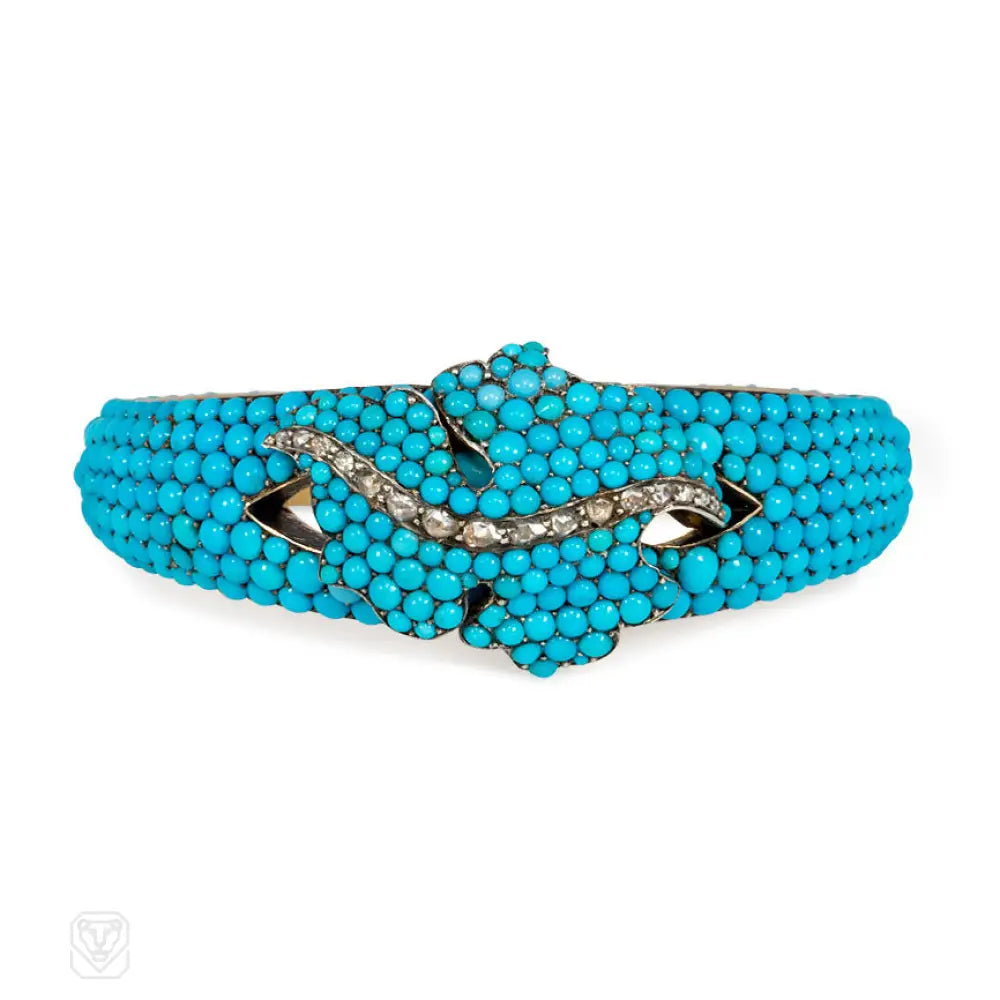 Unique bracelets for women-Antique pavé turquoise bangle, France