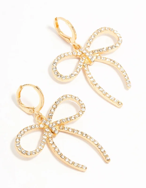 Fashionable earrings for women-Gold Diamante Bow Clicker Drop Earrings