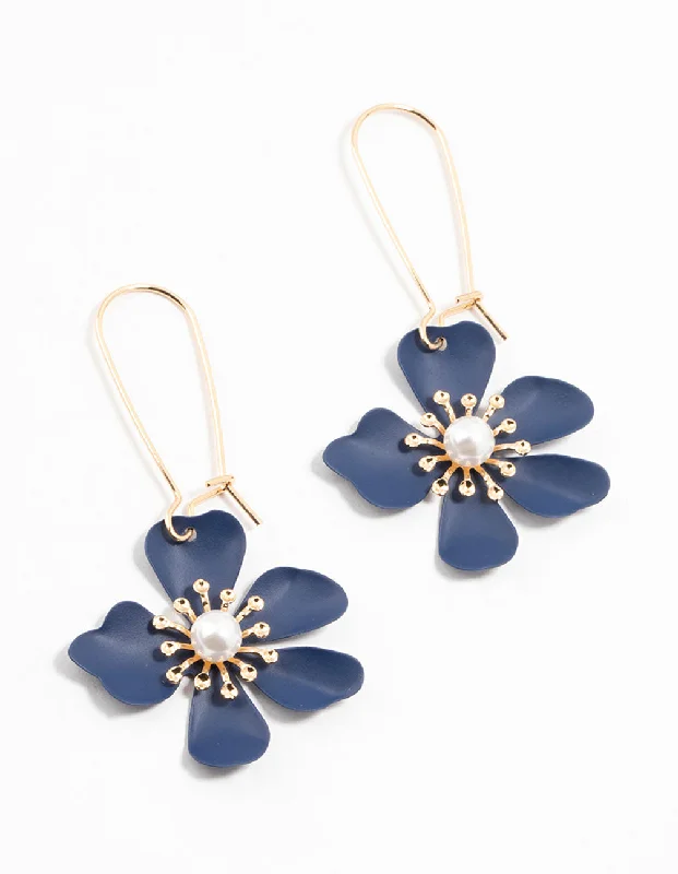 Women’s crystal earrings-Gold Fish Hook Blue Pearl Flower Hoop Earrings