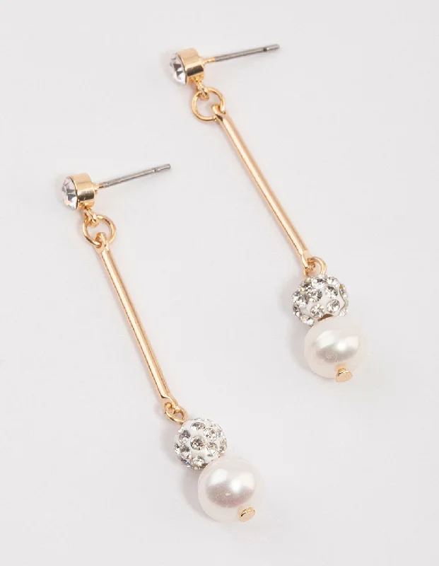 Women’s flower-shaped earrings-Gold Diamante Freshwater Pearl Drop Earrings