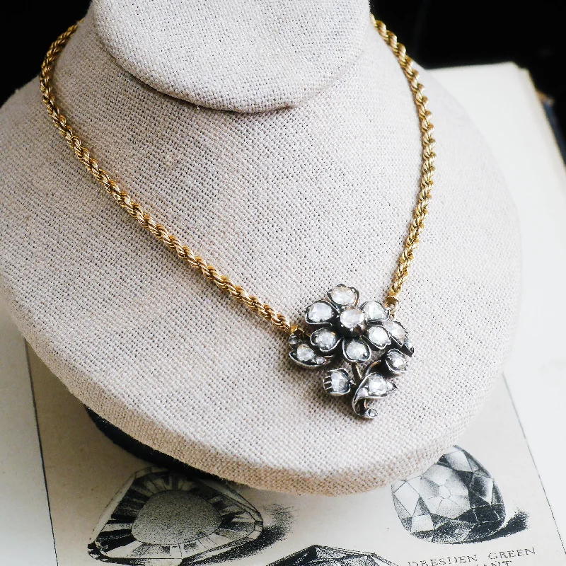 Women’s minimalist necklaces-Precious Antique Georgian Floral Rose Cut Diamond Necklace