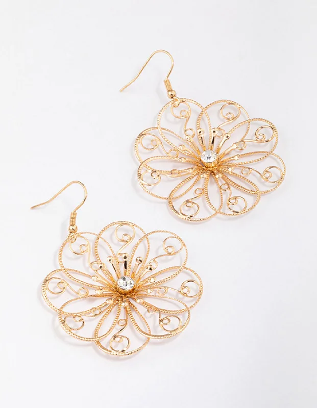 Gold stud earrings for women-Gold Diamante Wire Swirly Flower Drop Earrings