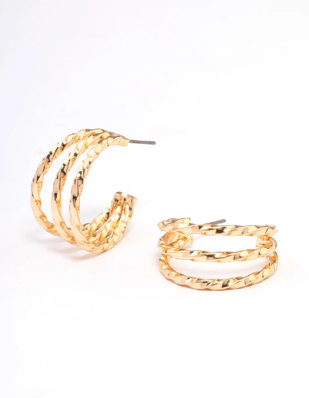 Women’s sterling silver hoops-Gold Spiral Triple Hoop Earrings