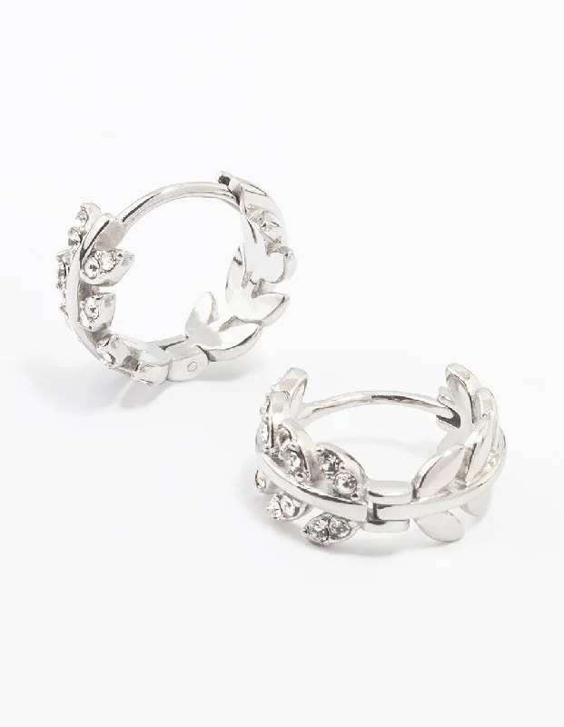 Women’s crystal stud earrings-Surgical Steel Diamante Leaf Huggie Earrings