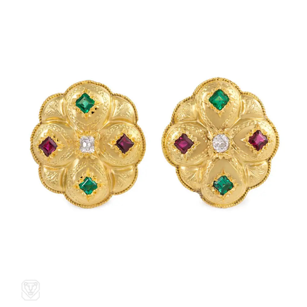 Women’s pearl earrings-Antique ruby, diamond and emerald quatrefoil earrings