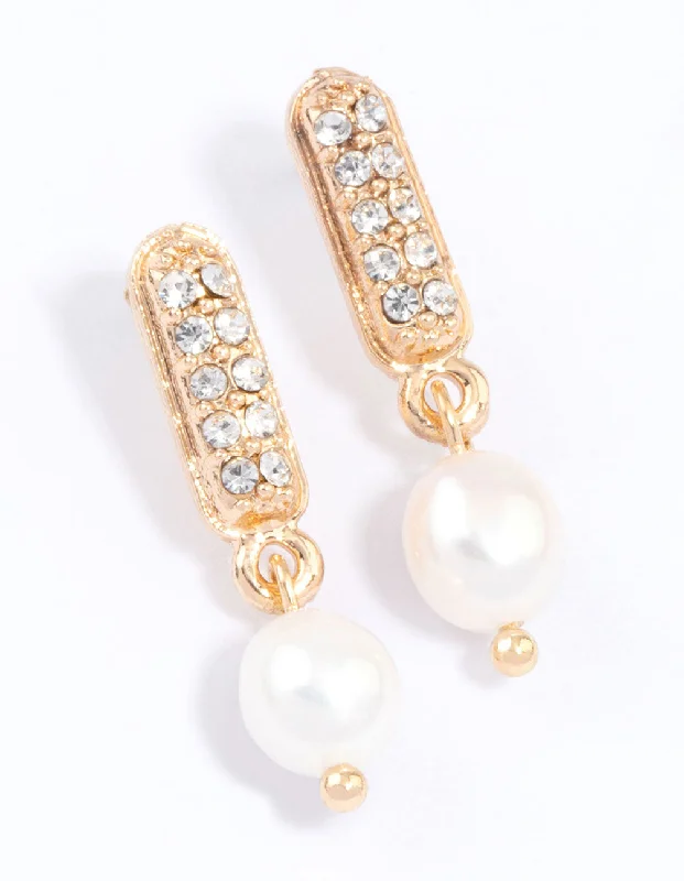 Women’s multi-colored earrings-Gold Diamante Mini Pearl Drop Earrings & Polishing Set