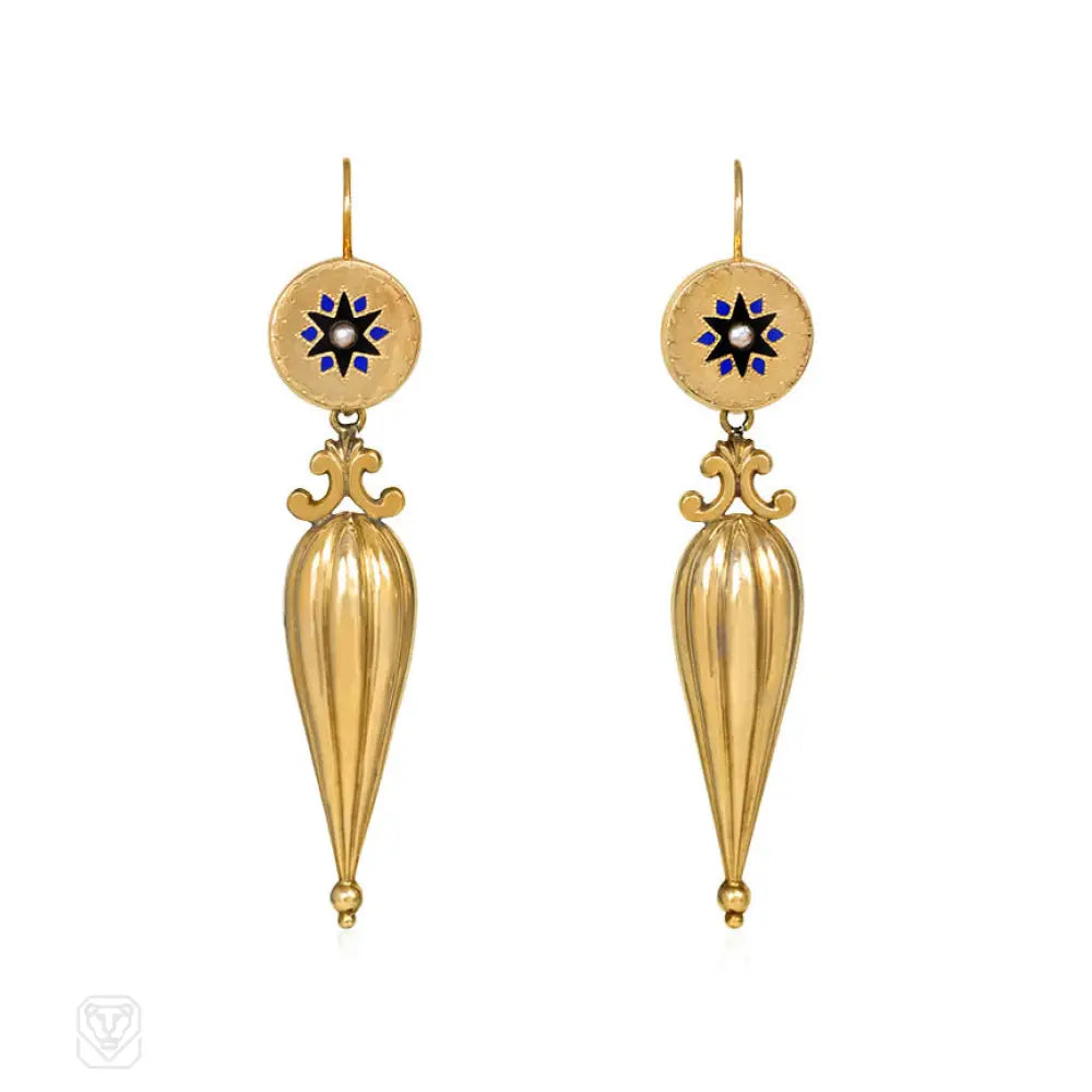 Gold stud earrings for women-Antique gold and enamel amphora earrings, Russia