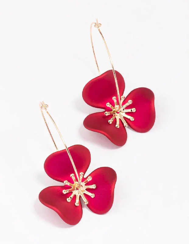 Unique earrings with gemstones-Gold & Red Flower Wire Hoop Earrings