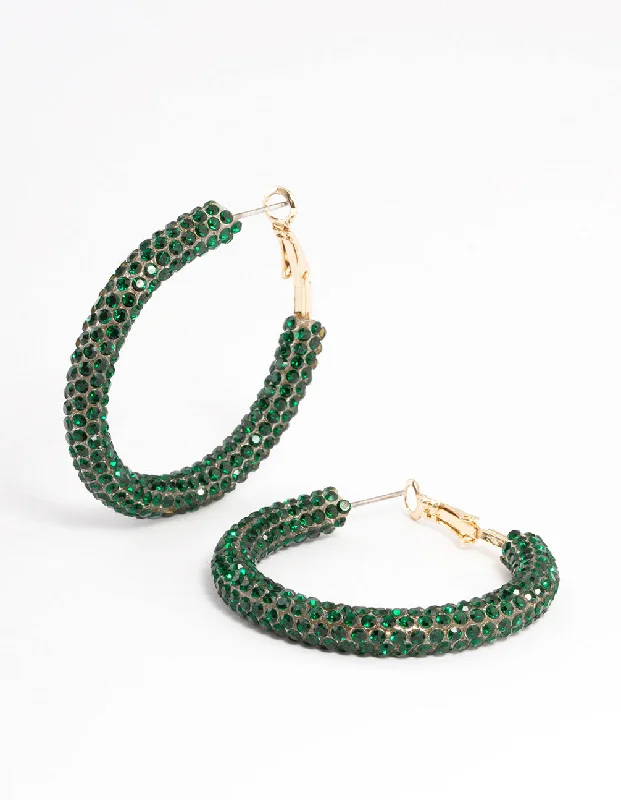 Women’s eco-friendly earrings-Green Rubber Diamante Hoop Earrings