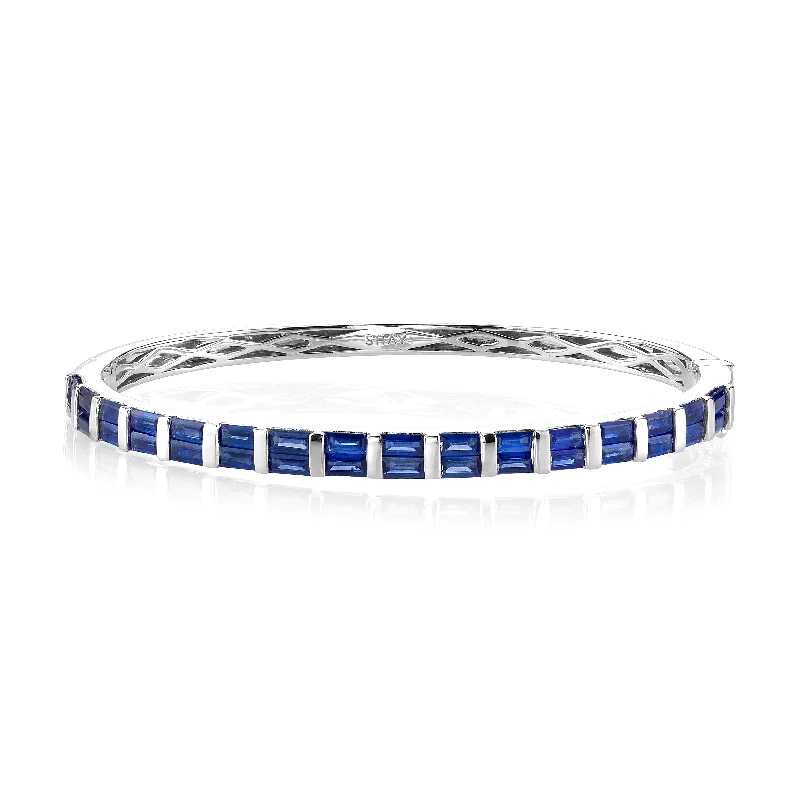 Women’s tennis bracelets-READY TO SHIP BLUE SAPPHIRE BAGUETTE HALF BANGLE