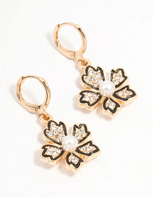 Women’s gold hoop earrings-Gold Clicker Pearl Flower Drop Earrings