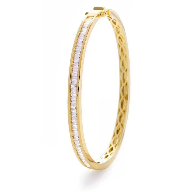 Women’s bangles with opals-BAGUETTE CUT DIAMOND CHANNEL HALF SET BANGLE IN 18K YELLOW GOLD