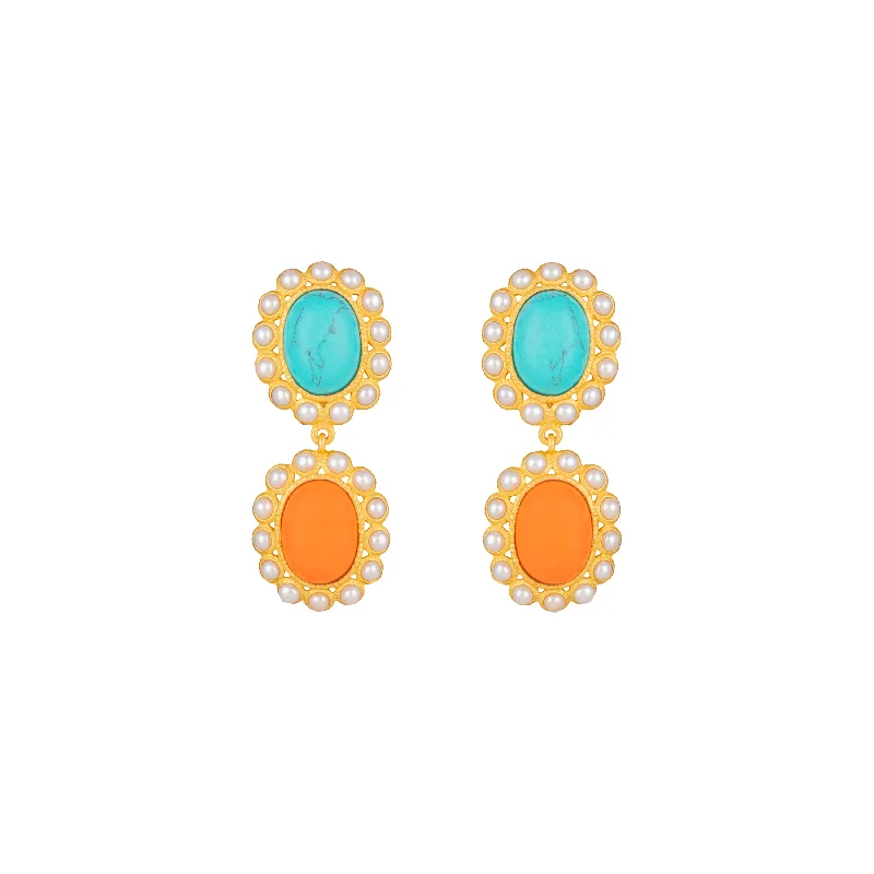 Women’s geometric earrings-Ada Earrings Orange Coral, Turquoise & Pearls