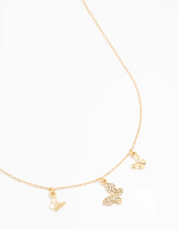 Fashion necklaces for women-Gold Diamante Butterfly Droplet Necklace