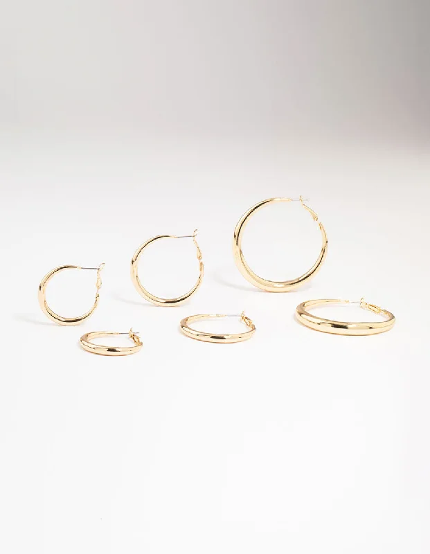 Elegant gold earrings for women-Gold Smooth Huggie Hoop Earrings 3-Pack