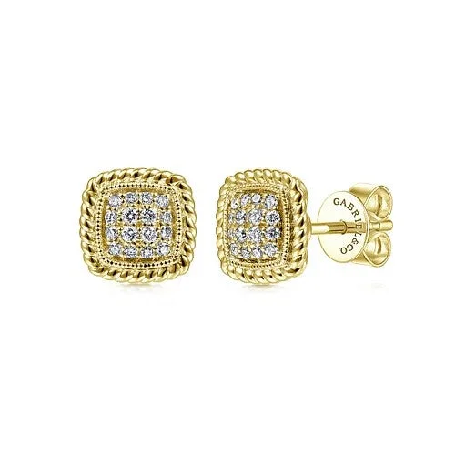 Women’s clip-on earrings-14K Yellow Gold Cushion Shape Pave Diamond Stud Earrings