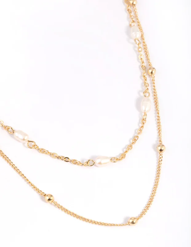 Personalized name necklaces for women-Gold Plated Freshwater Pearl Layered Necklace