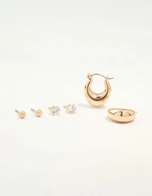 Affordable diamond earrings for women-Gold Diamante Studs & Hoop Earrings 3-Pack