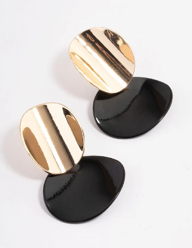 Vintage-inspired earrings for women-Black Layered Bent Disc Drop Earrings